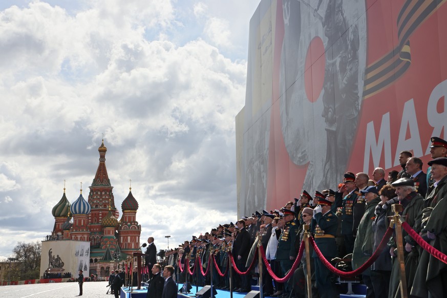 Russian President Vladimir Putin delivers his speech during the Victory Day military parade marking the 77th anniversary of the end of World War II in Moscow, Russia, Monday, May 9, 2022. (Mikhail Met ...