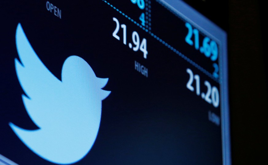 The Twitter logo and trading information is displayed just after the opening bell on a screen on the floor of the New York Stock Exchange (NYSE) in New York City, U.S., September 23, 2016. REUTERS/Bre ...