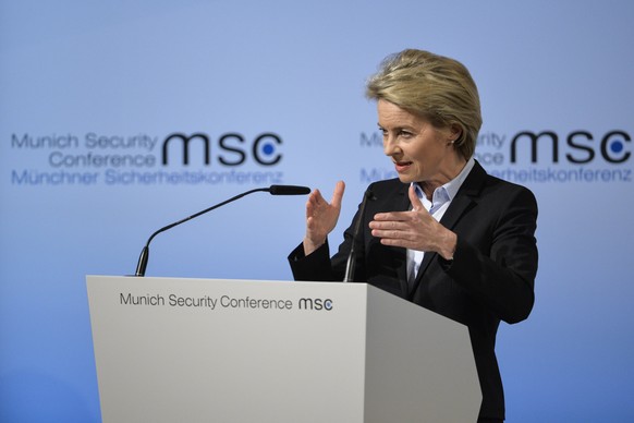epa05799868 German Defence Minister Ursula von der Leyen speaks during the 53rd Munich Security Conference (MSC) in Munich, Germany, 17 February 2017. In their annual meeting, politicians and various  ...