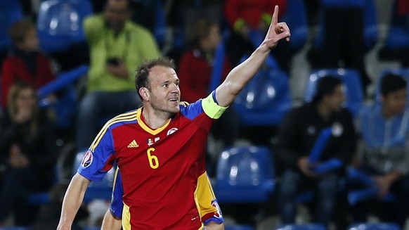 Andorra&#039;s captain Ildefons Lima celebrates a goal against Israel during their Euro 2016 qualification soccer match at Estadi Nacional in Andorra La Vella October 13, 2014. REUTERS/Albert Gea (AND ...