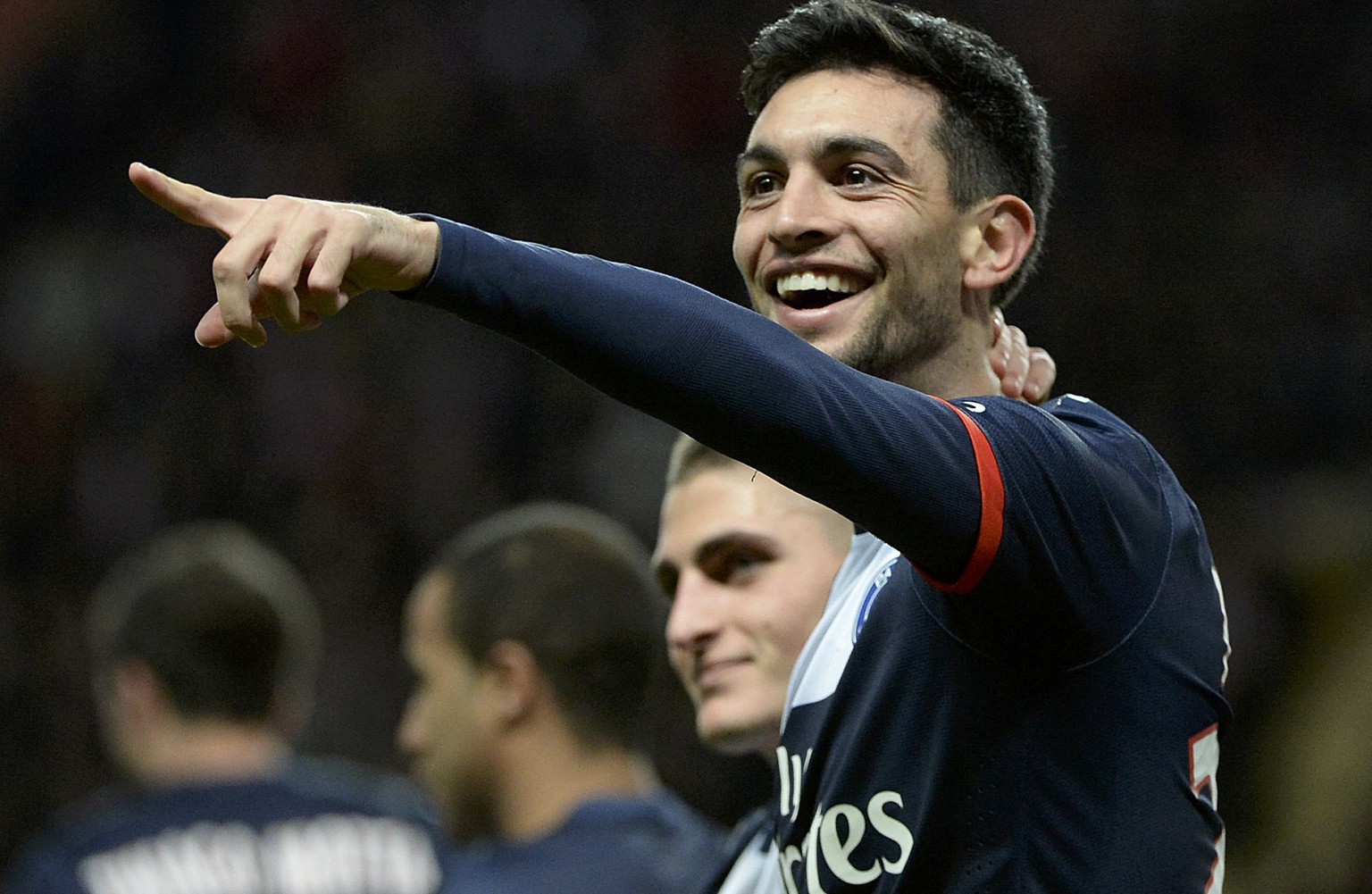 Paris Saint-Germain&#039;s Javier Pastore celebrates after scoring against Monaco during their French Ligue 1 soccer match at the Louis II stadium in Monaco, February 9, 2014. REUTERS/Olivier Anrigo ( ...