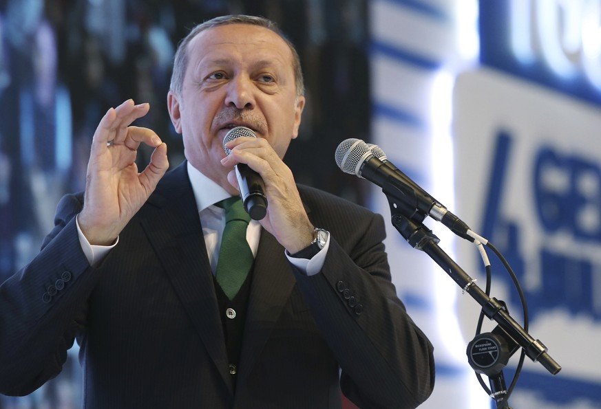 Turkey&#039;s President Recep Tayyip Erdogan addresses his supporters during a meeting in Istanbul, Monday, March 27, 2017. Turkey hold a referendum on April 16 to expand the powers of the Turkish pre ...