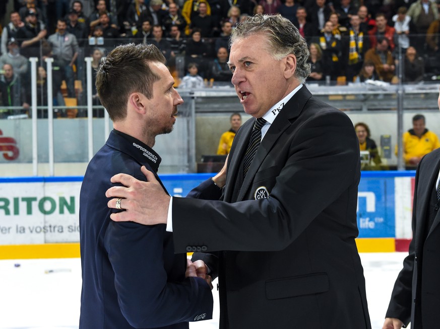 12.04.2016; Lugano; Eishockey Playoff Final - HC Lugano - SC Bern; Trainer Doug Shedden (R, Lugano) und Trainer Lars Leuenberger (L, Bern)
(Michela Locatelli/freshfocus)