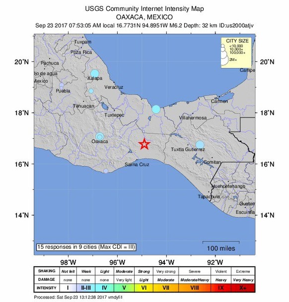 epa06221608 A handout photo made available by the US Geological Survey (USGS) showing a shake map of the magnitude 6.2 earthquake aftershock that hit Mexico City, Mexico, 23 September 2017. According  ...