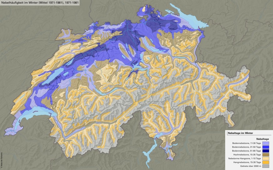 Karte Nebelhäufigkeit im Winter Schweiz, 1971-1981