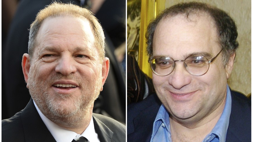 This combination photo shows Harvey Weinstein arrives at the Oscars in Los Angeles on Feb. 28, 2016, left, and his brother Bob Weinstein at the premiere of &quot;Sin City,&quot; in Los Angeles on Marc ...