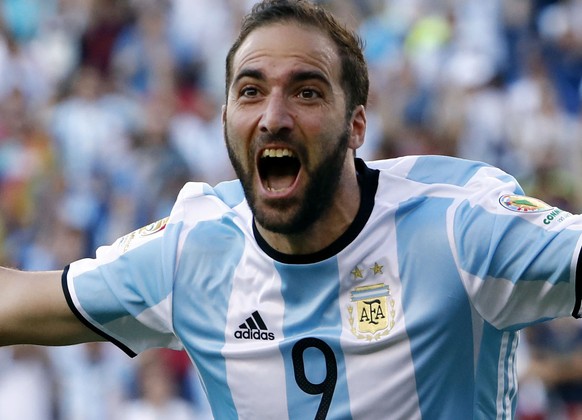 Jun 18, 2016; Foxborough, MA, USA; Argentina forward Gonzalo Higuain (9) celebrates his goal against the Venezuela during the first half of quarter-final play in the 2016 Copa America Centenario socce ...