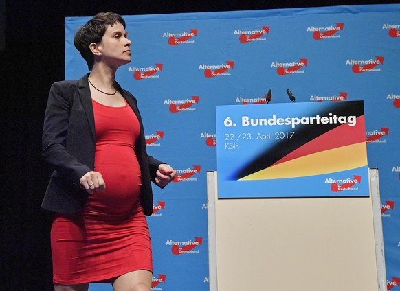 Co-leader Frauke Petry walks on the podium at the party convention of Germany&#039;s nationalist party AfD (Alternative for Germany) in Cologne, Germany, Saturday, April 22, 2017. The convention takes ...