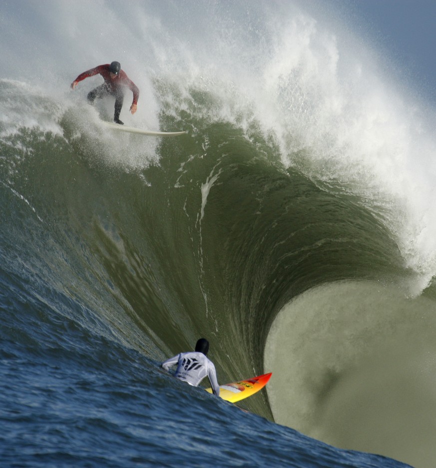 FILE - In this Feb. 13, 2010, file photo, Evan Slater, top, surfs a giant wave over Darryl &quot;Flea&quot; Virostko during the first heat of the Mavericks surf contest in Half Moon Bay, Calif. The wo ...