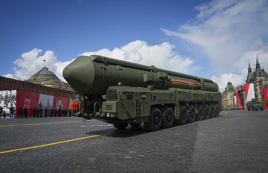 Russian RS-24 Yars ballistic missile rolls during the Victory Day military parade in Moscow, Russia, Monday, May 9, 2022, marking the 77th anniversary of the end of World War II. (AP Photo/Alexander Z ...