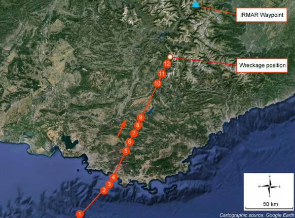 Die Flugroute des Germanwings-Airbus. Oben im Bild der Wegpunkt Irmar.