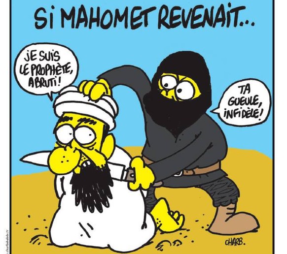«Wenn Mohammed zurückkäme ...»&nbsp;steht als Titel auf einer Mohammed-Karikatur vom Oktober 2014.«Ich bin der Prophet, du Narr!»&nbsp;«Halts Maul, Ungläubiger!»