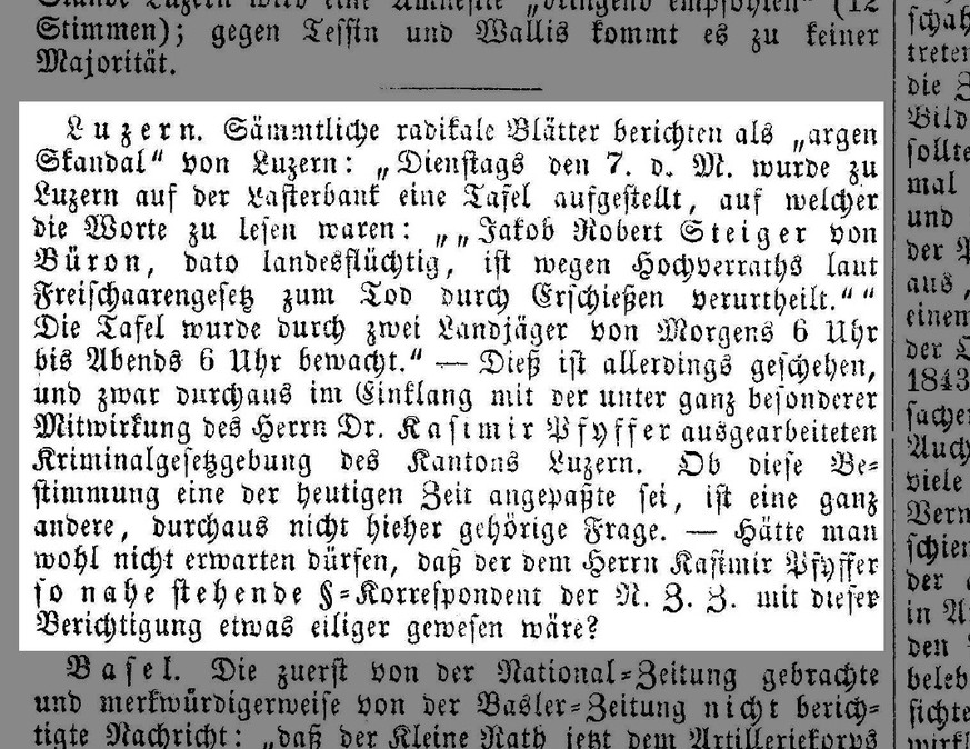 Hinweis in der Eidgenössischen Zeitung vom 13. August 1845 auf die Vollstreckung des Urteils gegen Jakob Robert Steiger in effigie, also symbolisch.
https://www.e-newspaperarchives.ch/?a=d&amp;d=EIZE1 ...