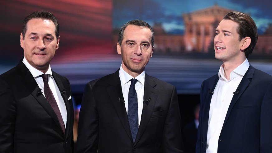 epa06262038 Leader of the right-wing Austrian Freedom Party (FPOe) Heinz-Christian Strache (L-R), Austrian Chancellor and head of the Social Democratic Party (SPOe) Christian Kern and Austrian Foreign ...