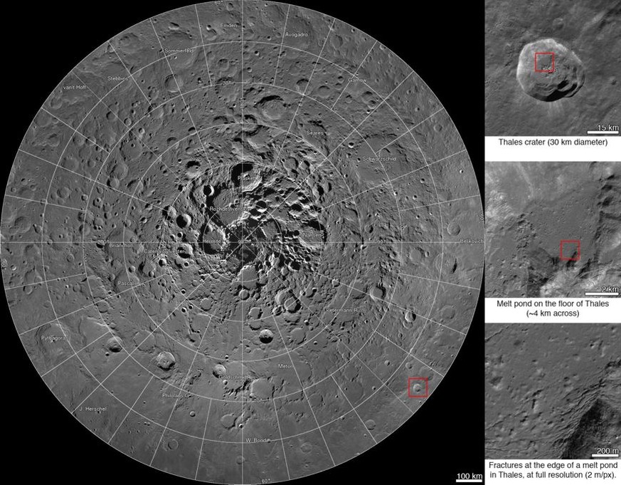Die Nordpolarregion des Mondes. Rechts Zoom-Aufnahmen des Thales-Kraters. 