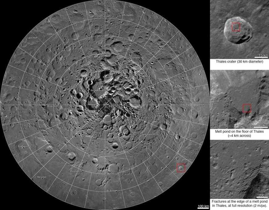 Die Nordpolarregion des Mondes. Rechts Zoom-Aufnahmen des Thales-Kraters.&nbsp;