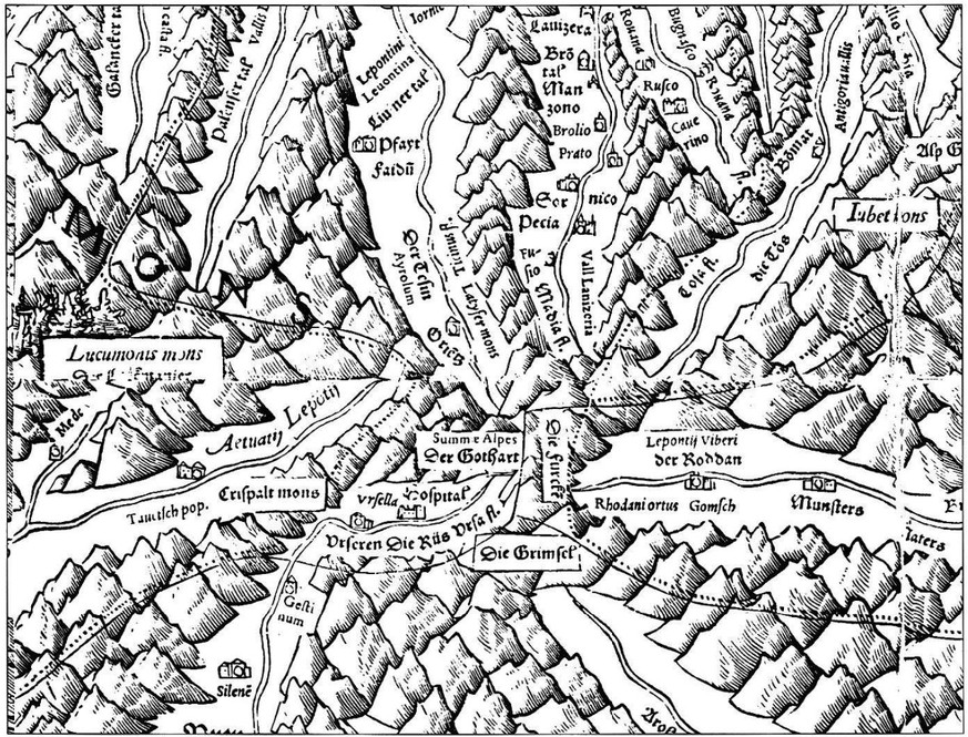 «Summae Alpes. Der Gothart», Ausschnitt aus Aegidius Tschudis Schweizerkarte von 1538.