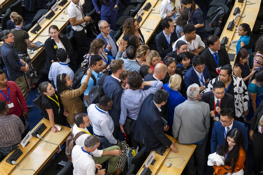 Nachrichten Linkding epa12301110 Delegates react during a plenary session of the Second Part of the Fifth Session of the Intergovernmental Negotiating Committee on Plastic Pollution (INC-5.2), at the European headquarters ...