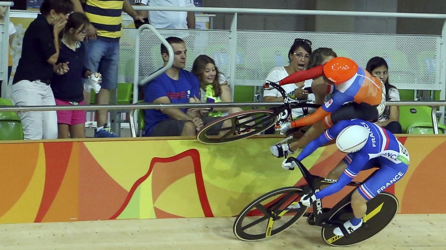 2016 Rio Olympics - Cycling Track - Preliminary - Women&#039;s Keirin First Round - Rio Olympic Velodrome - Rio de Janeiro, Brazil - 13/08/2016. Laurine van Riessen (NED) of Netherlands and Virginie C ...