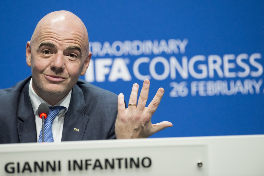 FILE - In this Feb. 26, 2016 file photo Swiss Gianni Infantino, then new FIFA President, smiles during the press conference after being elected, at the Extraordinary FIFA Congress 2016 in Zurich, Swit ...