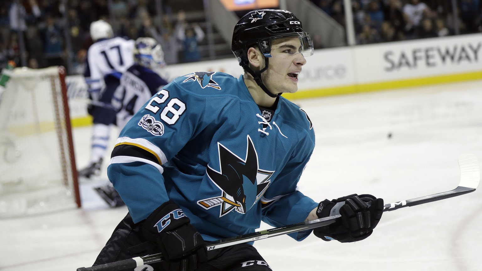 San Jose Sharks&#039; Timo Meier (28) celebrates after scoring against the Winnipeg Jets during the second period of an NHL hockey game, Monday, Jan. 16, 2017, in San Jose, Calif. (AP Photo/Marcio Jos ...