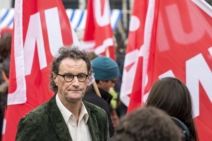 Geri Mueller, Stadtammann Baden, bei der Solidaritaetsveranstaltung fuer General Electric GE Angestellte und Demonstration gegen Stellenabbau bei Alstom am Samstag, 23. Januar 2016, in Baden. Nach der ...