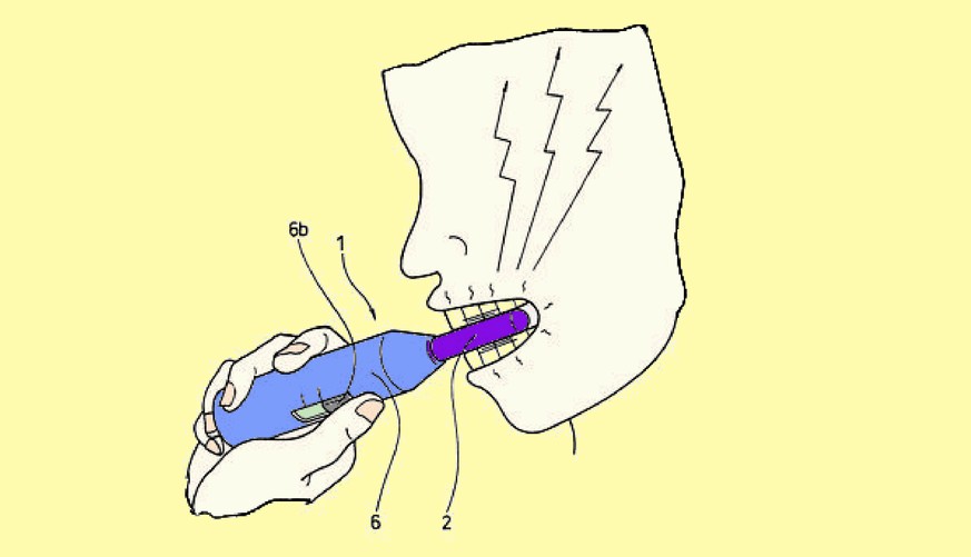 Tatsächlich eine patentierte Erfindung: Der Brain Buzzer (1998). Ein Biss auf den vibrierenden Buzzer und man soll wieder komplett wach sein.