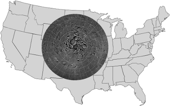 Die abgebildete Mondregion im Vergleich zu den 48 Zentralstaaten der USA. 
