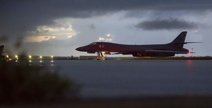 In this image provided by the U.S. Air Force, a U.S. Air Force B-1B Lancer, assigned to the 37th Expeditionary Bomb Squadron, deployed from Ellsworth Air Force Base, S.D., prepares to take off from An ...