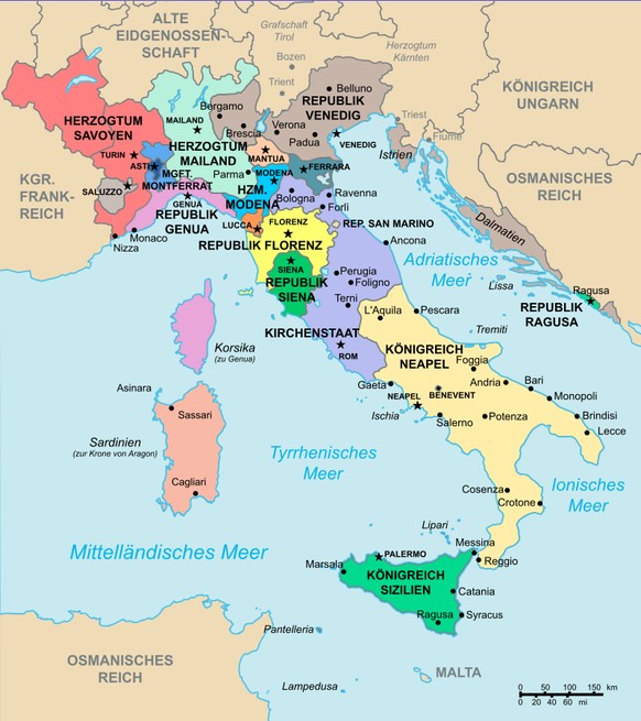 Italien um 1494: Die grossen Fünf waren damals das Herzogtum Mailand, die Republik Venedig, die Republik Florenz, der Kirchenstaat und das Königreich Neapel. Mantua, Ferrara und Urbino waren wichtige  ...