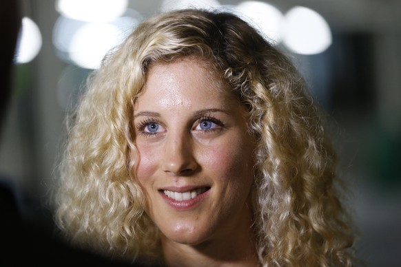 Switzerland&#039;s Jolanda Neff speaks during an interview during a media conference of Swiss olympic Mountain Bike-team at the Main Press Center MPC at the Rio 2016 Olympic Summer Games in Rio de Jan ...