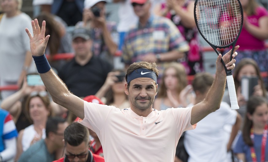 Roger Federer, of Switzerland, celebrates his 4-6, 6-4, 6-2 victory over David Ferrer, of Spain, at the Rogers Cup tennis tournament Thursday, Aug. 10, 2017, in Montreal. (Paul Chiasson/The Canadian P ...