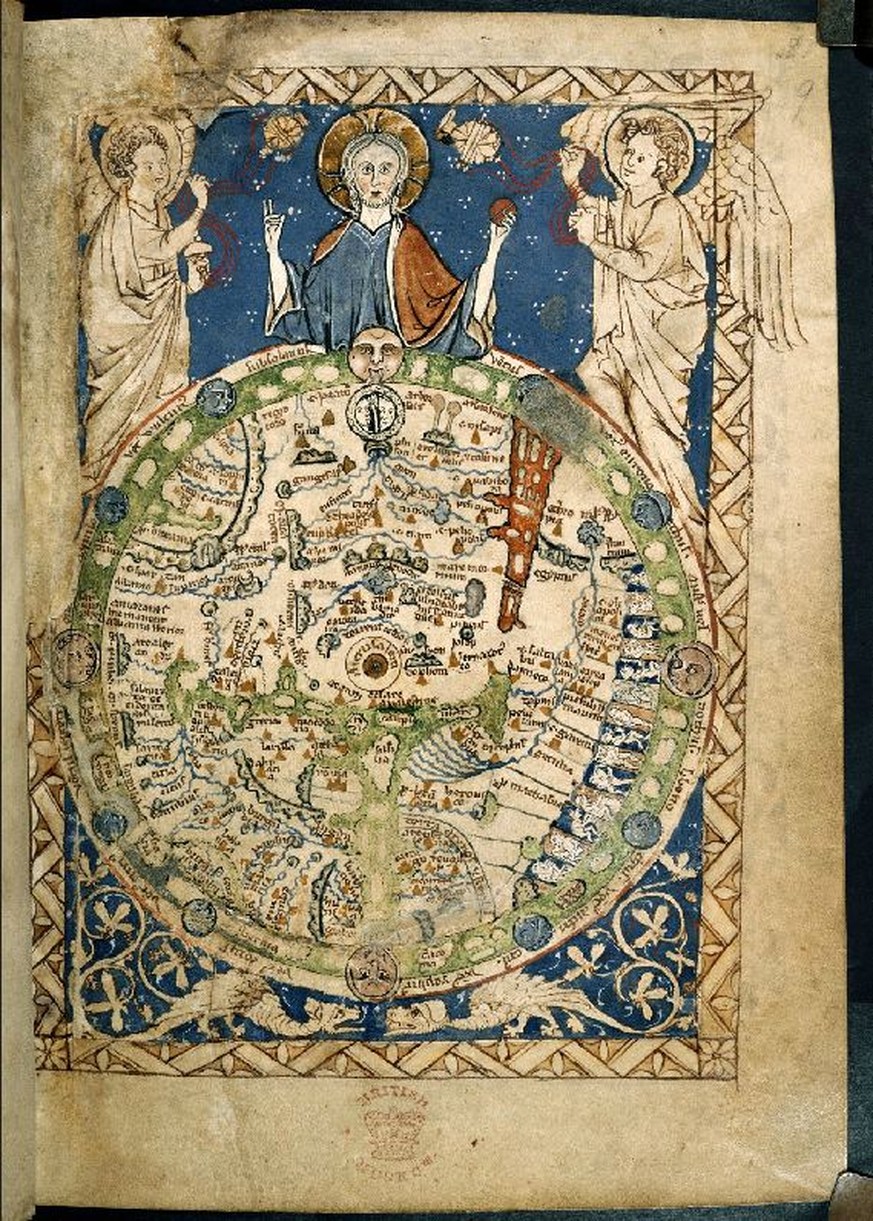 Ein Beispiel für eine mittelalterliche christliche Weltkarte: Die Londoner Psalterkarte, die etwa um 1260 entstanden ist, ist geostet, das heisst, der Osten befindet sich oben. Dort ist auch das ...