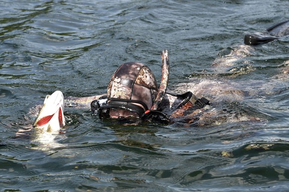 epa06125596 Russian President Vladimir Putin in a diving suit enjoying a spear fishing at the cascade of mountain lakes during his vacation on 01-03 August 2017 (issued 05 August 2017), in the Tyva Re ...