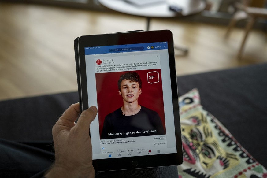 Nachrichten Linkding Eine Wahlwerbung von Nilo Cavalli SP Kreis 9 auf Facebook, fotografiert am Dienstag, 18. Januar 2022 in Zuerich. Am 13. Februar finden in Zuerich Gmeinderatswahlen statt. (KEYSTONE/Christian Beutler)