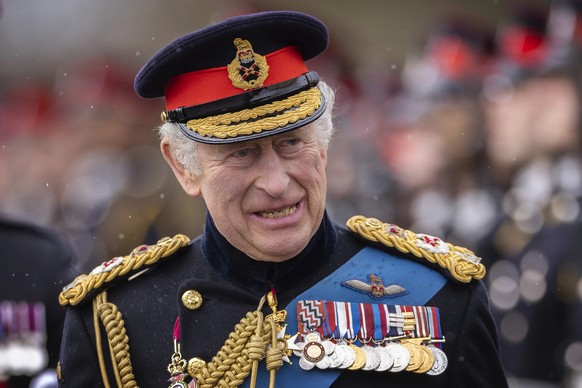 Britain&#039;s King Charles III, inspects the 200th Sovereign&#039;s parade at Royal Military Academy Sandhurst, in Camberley, England, Friday, April 14, 2023. (Dan Kitwood/Pool Photo via AP)