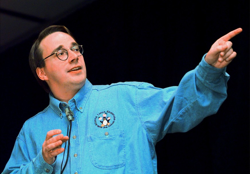 Linus Torvalds, the founder of Linux International who developed the Linux operating system, speaks about the system at the Comdex computer show on Monday, April 19, 1999, in Chicago. Some believe Tor ...