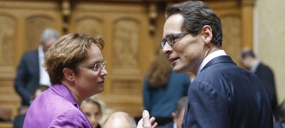 epa05049841 Magdalena Martullo-Blocher (L), and Roger Koeppel, members of the fraction of the Swiss People's Party SVP in the Swiss National Council (House of Representatives), on the first day o ...