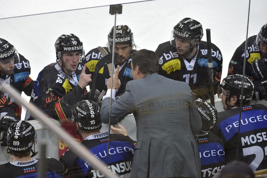 SCB-Trainer Guy Boucher gibt im Timeout seine Anweisungen. Tristan Scherwey scheint nicht ganz einverstanden.