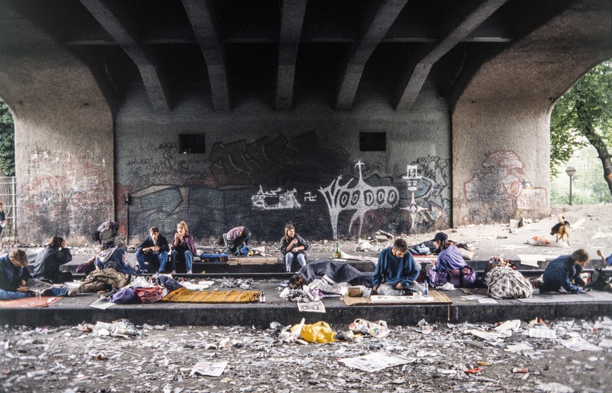 The drug scene at the the old train station Letten in Zurich, Switzerland, pictured in August 1994. At peak times over a thousand drug abusers frequented the Letten, the successor of the open drug sce ...