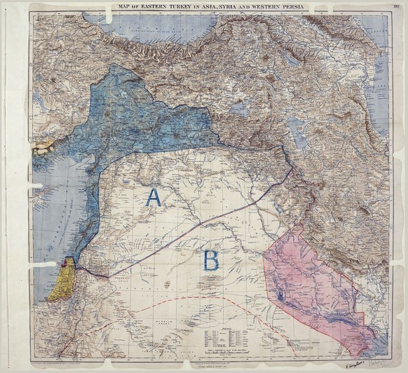 Französische (A) und britische (B) Einflusszonen gemäss den Diplomaten Mark Sykes (GB) and François Georges-Picot (F)(08.05.1916).