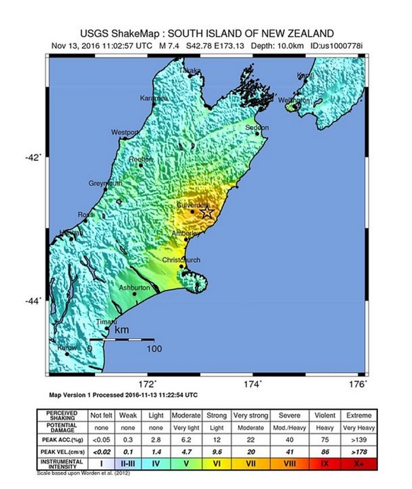 epa05629638 A handout shakemap released on 13 November 2016 by the US Geological Survey (USGS) shows the location (C, marked with star) of a 7.4 magnitude earthquake that struck New Zealand&#039;s Sou ...