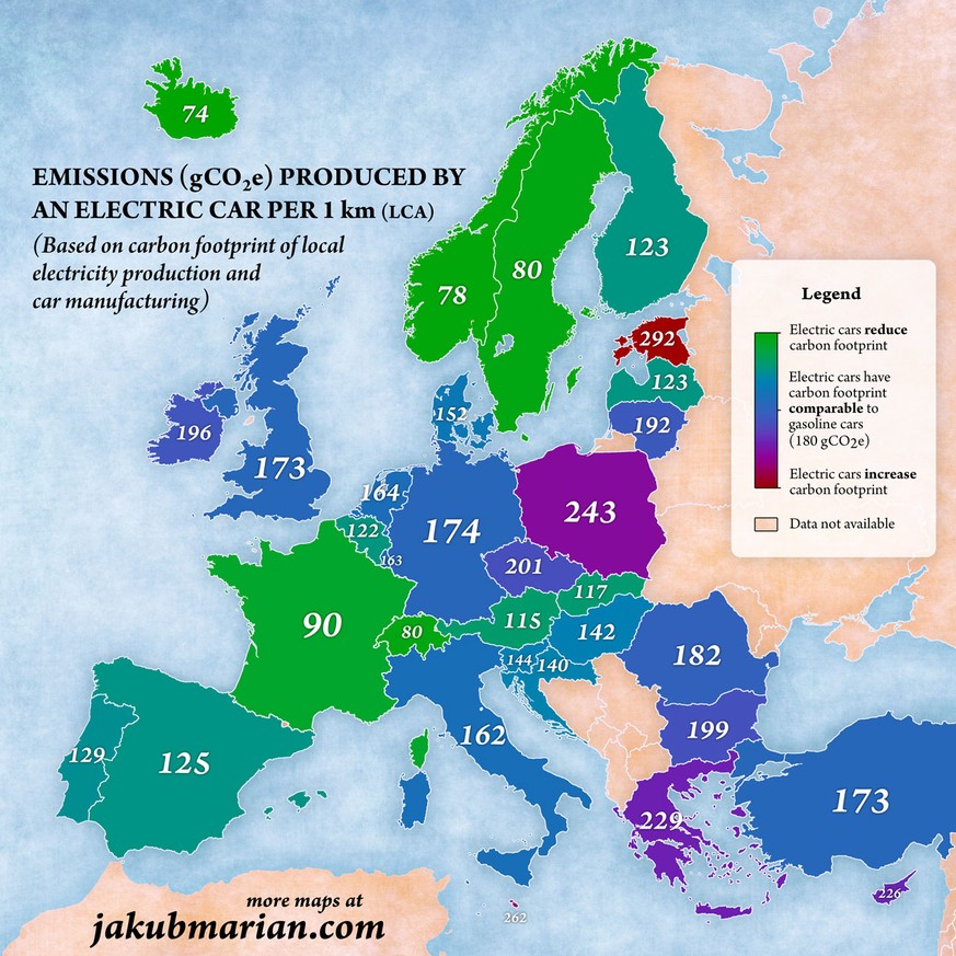 Karte: CO2-Emissionen durch Elektroautos in Europa