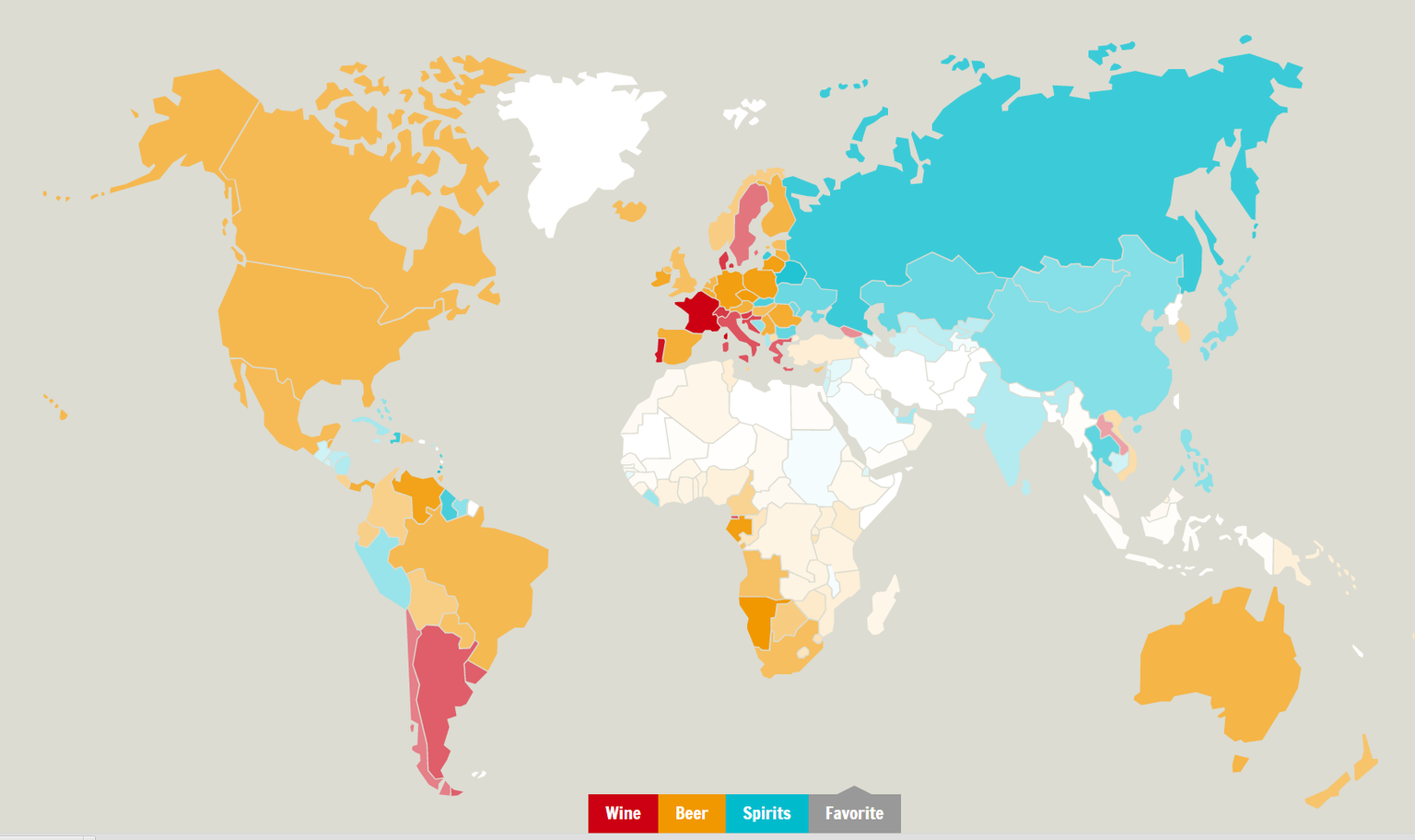 Rot = Wein, orange = Bier und türkis = Spirituosen.