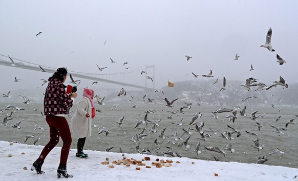 epa05703562 People feed seagulls in front of the Fatih Sultan Mehmet Bridge (L) crossing the Bosphorus river during a snowy day in Istanbul, Turkey, 07 January 2017. Due to heavy winter weather condit ...