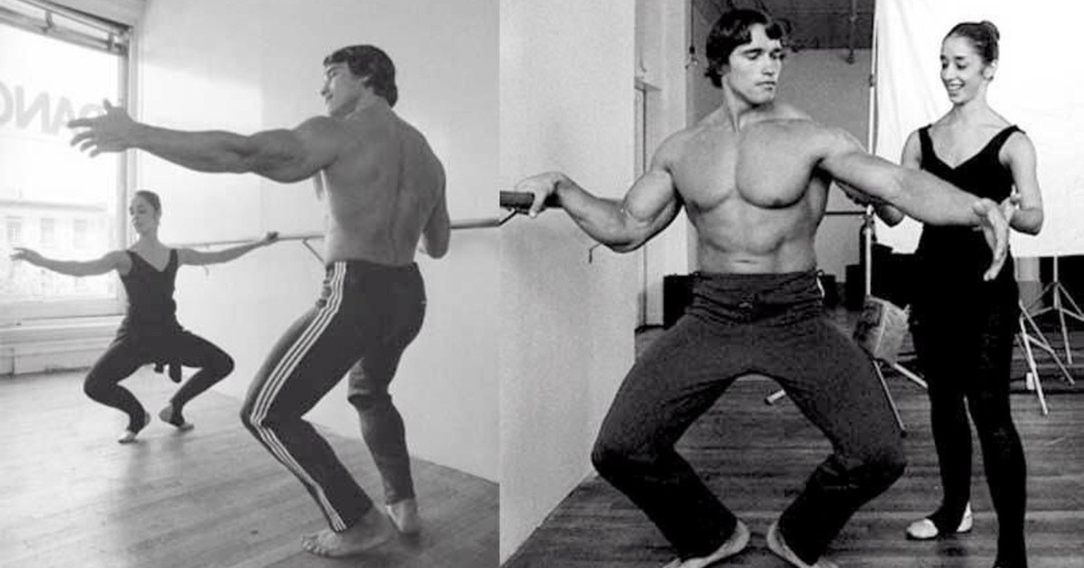 Arnold Schwarzenegger nimmt eine Ballettstunde bei der Tänzerin Marianne Claire, 1976.