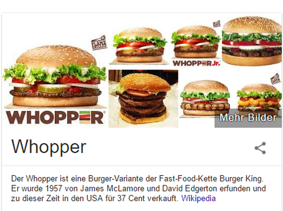 Der Wikipedia-Eintrag zum Whopper von Burger King.