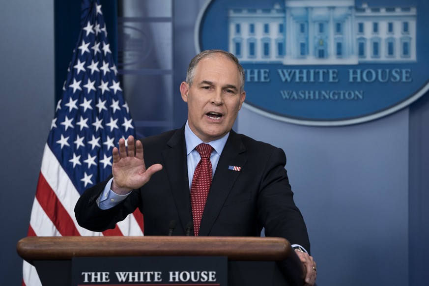 epa06006656 Environmental Protection Agency (EPA) Administrator Scott Pruitt responds to a question from the news media during a press briefing in the Brady Press Briefing Room at the White House in W ...