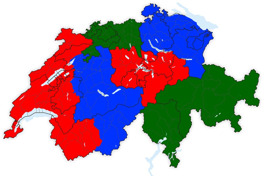 Nur noch sechs Kantone: Die nach dem Vorschlag von User «MGa» erstellte Karte fasst die gesamte frankophone Schweiz in einem Kanton zusammen. Der Aargau und Solothurn bilden mit Basel einen Nordwestka ...