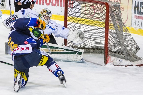 Langenthal (hier mit&nbsp;Marc Kaempf beim Torerfolg ist eines von drei Teams an der NLB-Spitze.&nbsp;